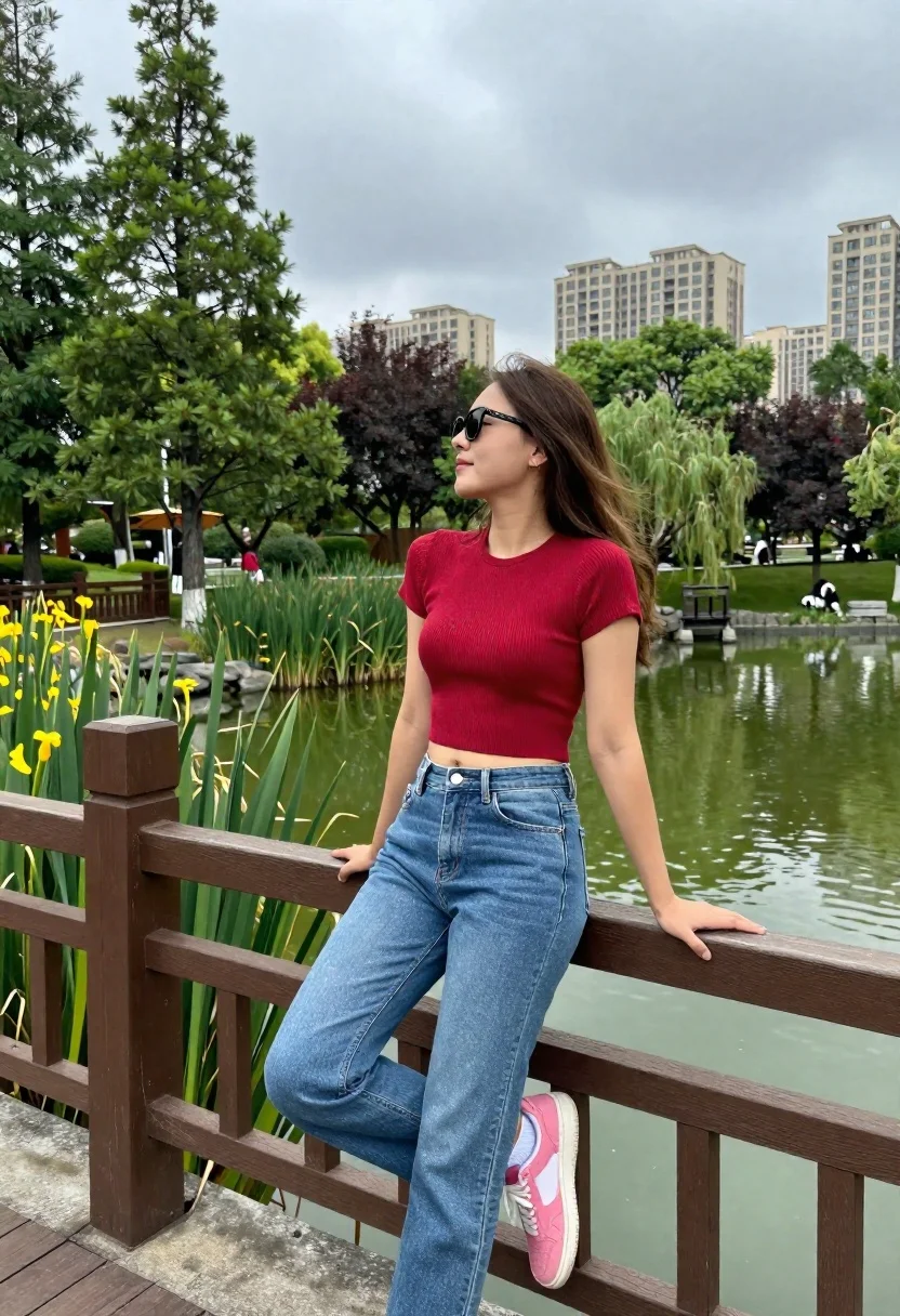 Young Woman Leans Casually Against Wooden Railing Bridge Overlooking Calm reference photo
