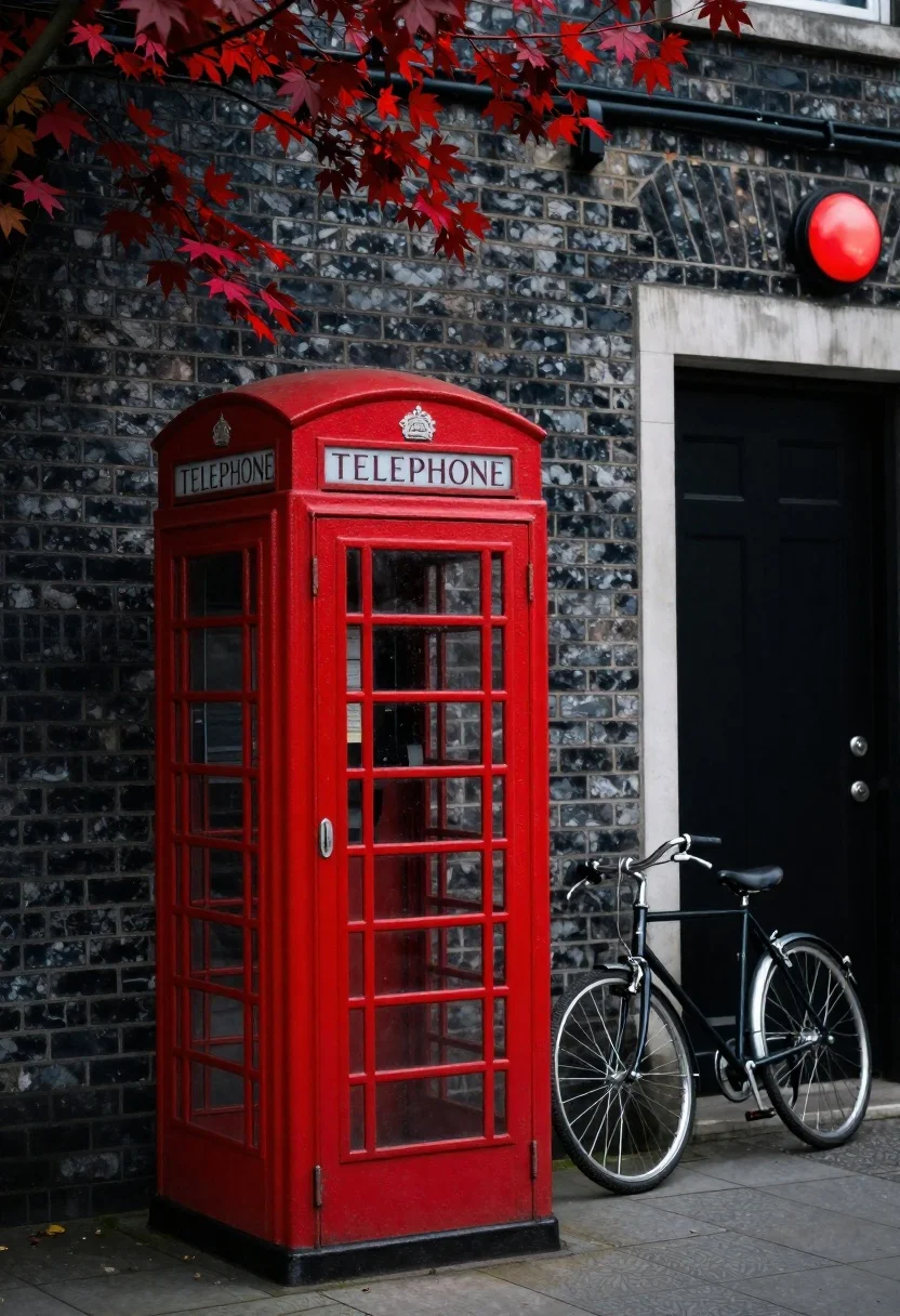 Vertical Medium Shot Vibrant Red British Telephone Booth And Bicycle reference photo