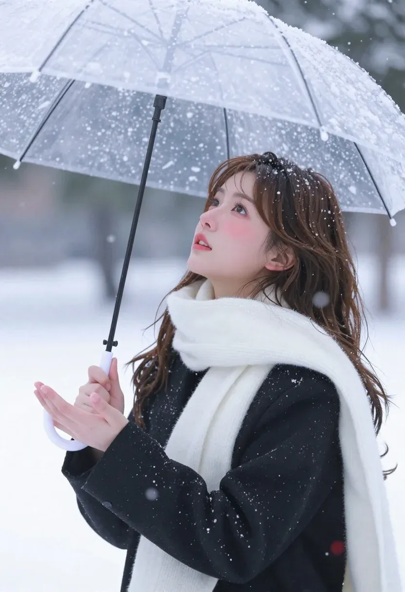 Young Woman Stands Snowy Landscape Holding Transparent Umbrella Covered Snowflakes
