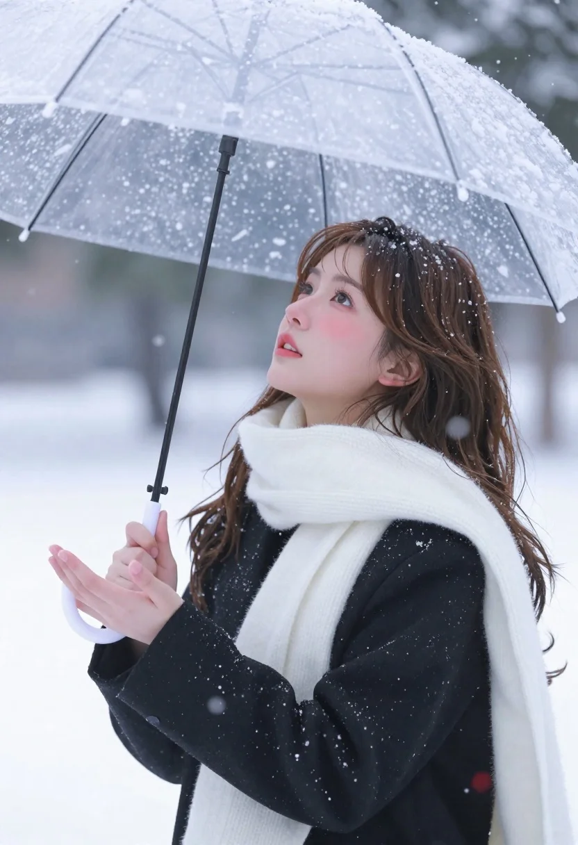 Young Woman Stands Snowy Landscape Holding Transparent Umbrella Covered Snowflakes