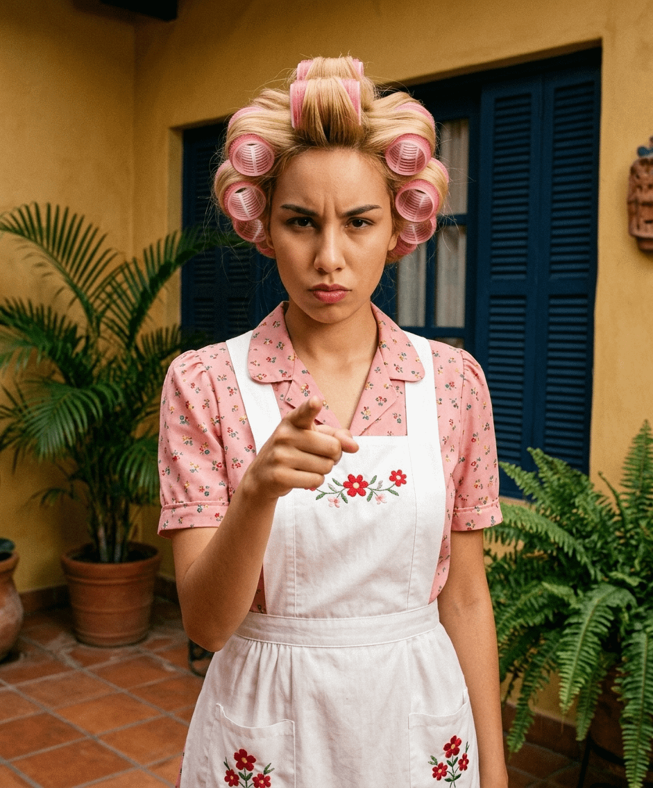 Stern Woman In Floral Blouse And Apron Courtyard