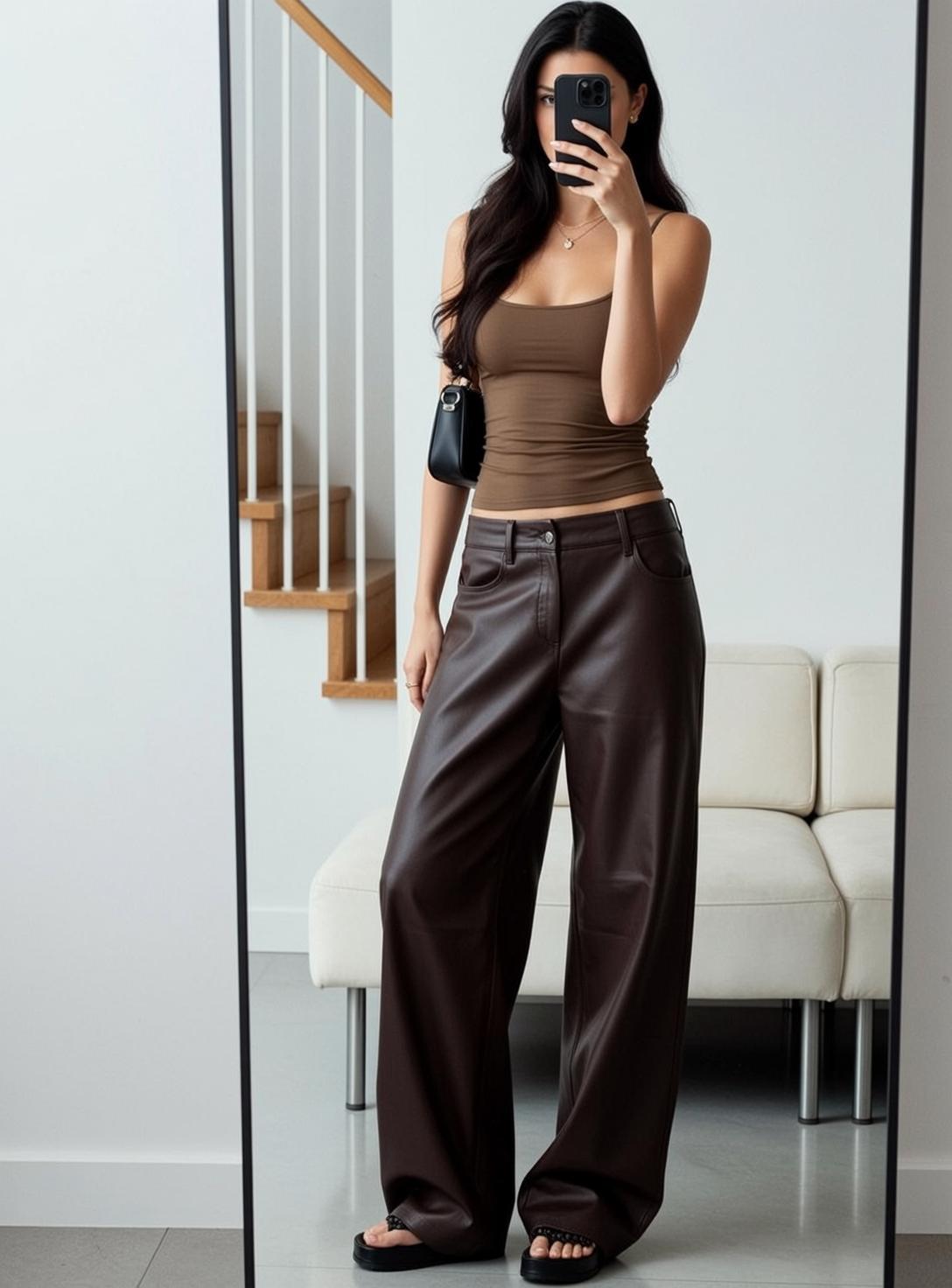 Brown Tank Leather Pants Selfie
