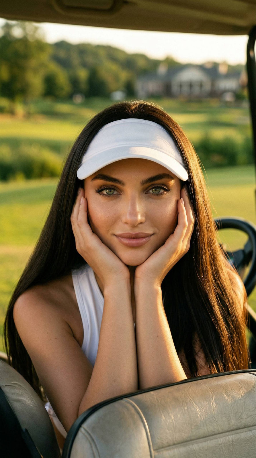 A girl in a white top leaning on a golf cart with vibrant golden hour lighting, her glossy hair glowing.