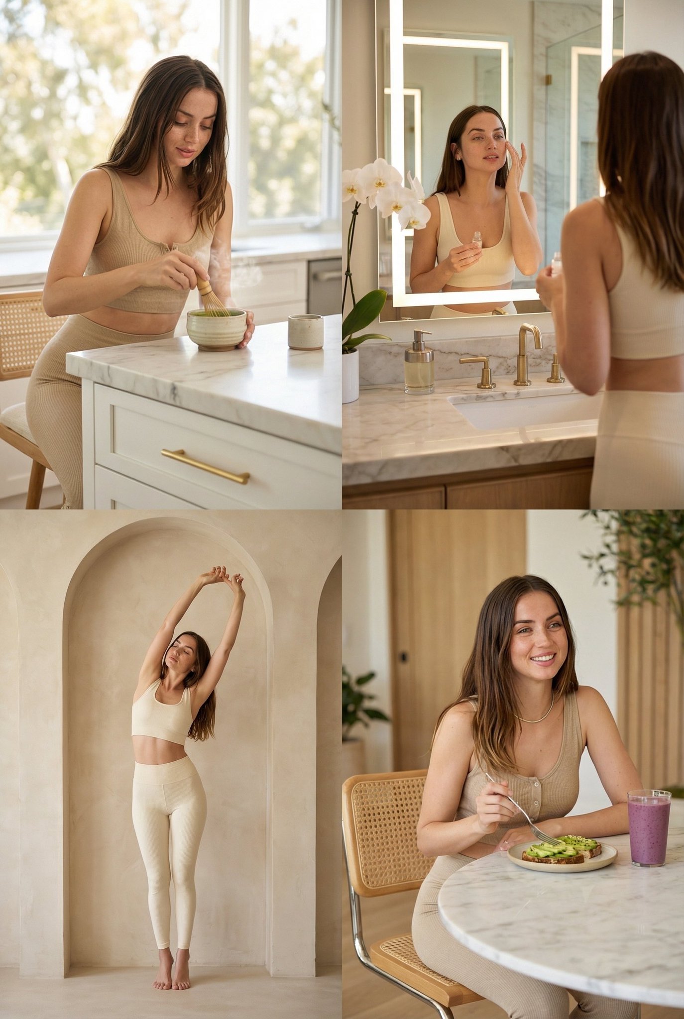 Serene young woman in beige activewear whisking a beverage in a luxury kitchen with a white marble island