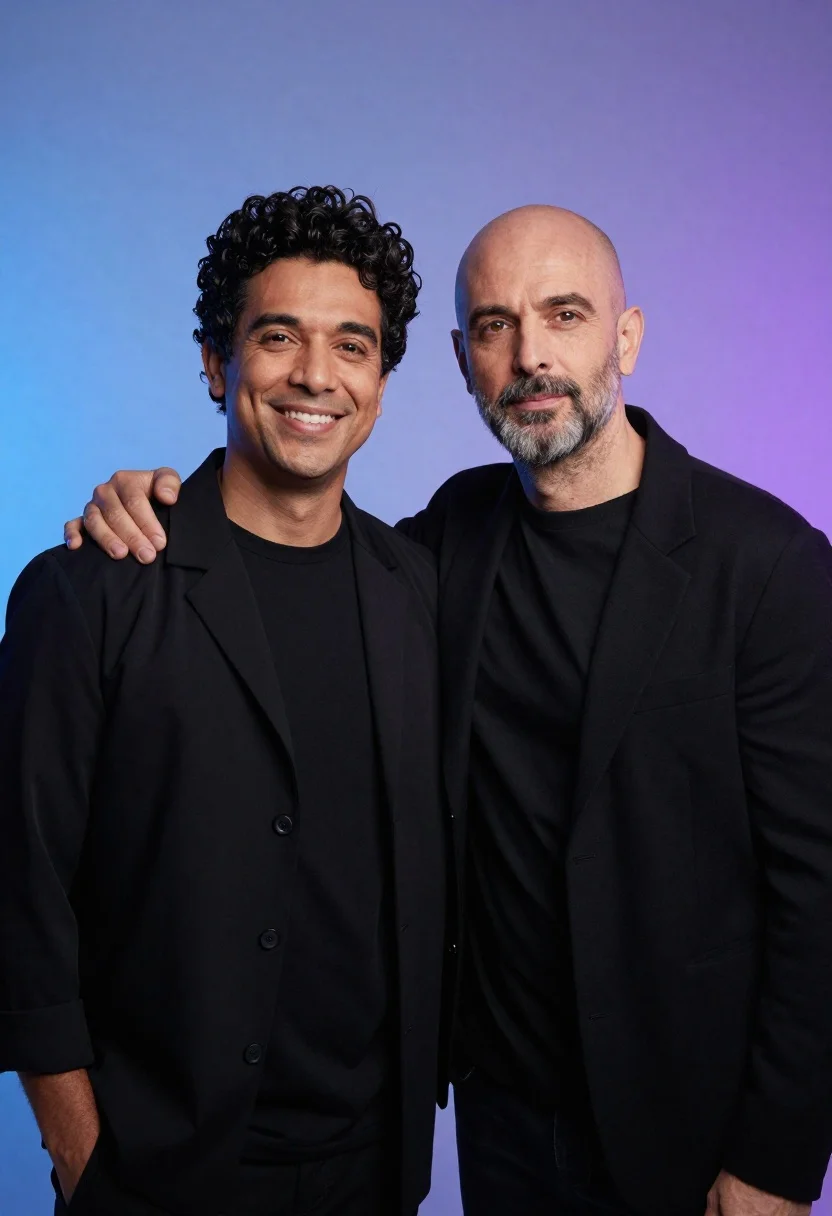 Professional Studio Portrait Two Men Standing Close Together Against Smooth reference photo