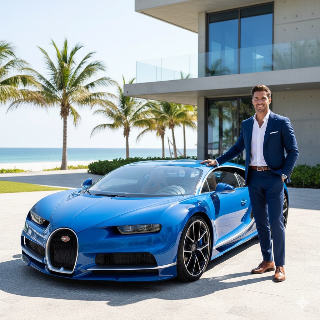Stylish man smiling next to a shiny Bugatti Chiron outside a modern villa.