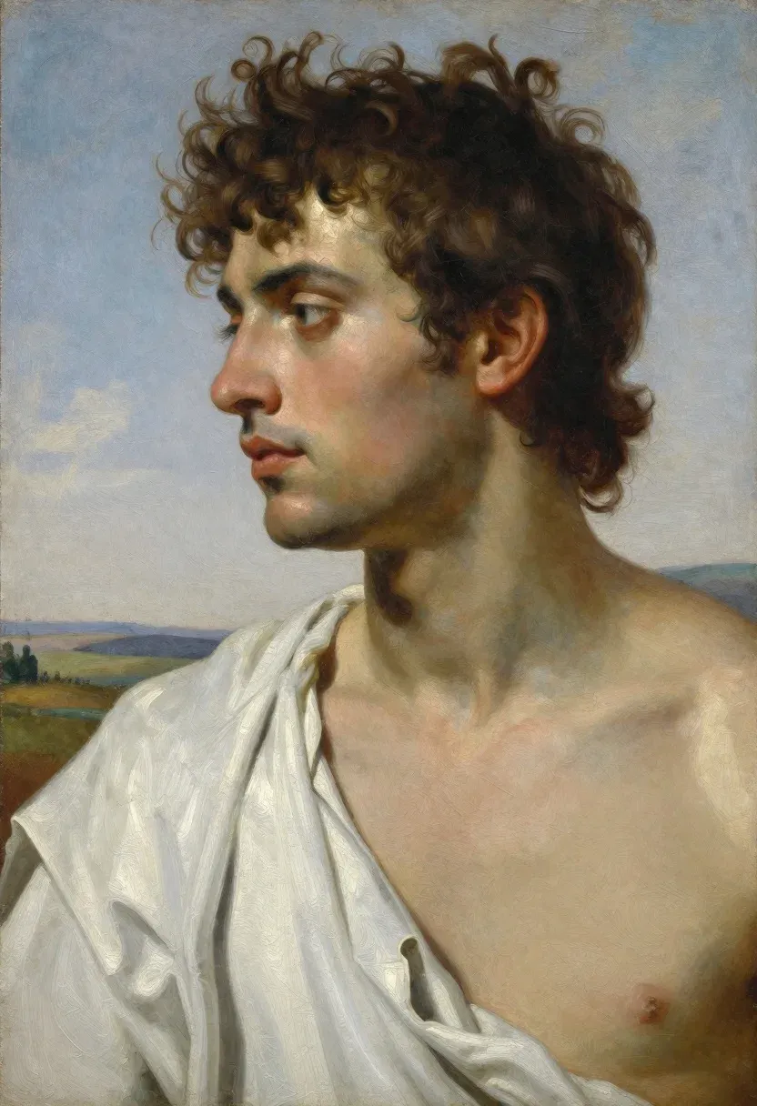 Oil Painting Portrait Young Man With Curly Brown Hair And