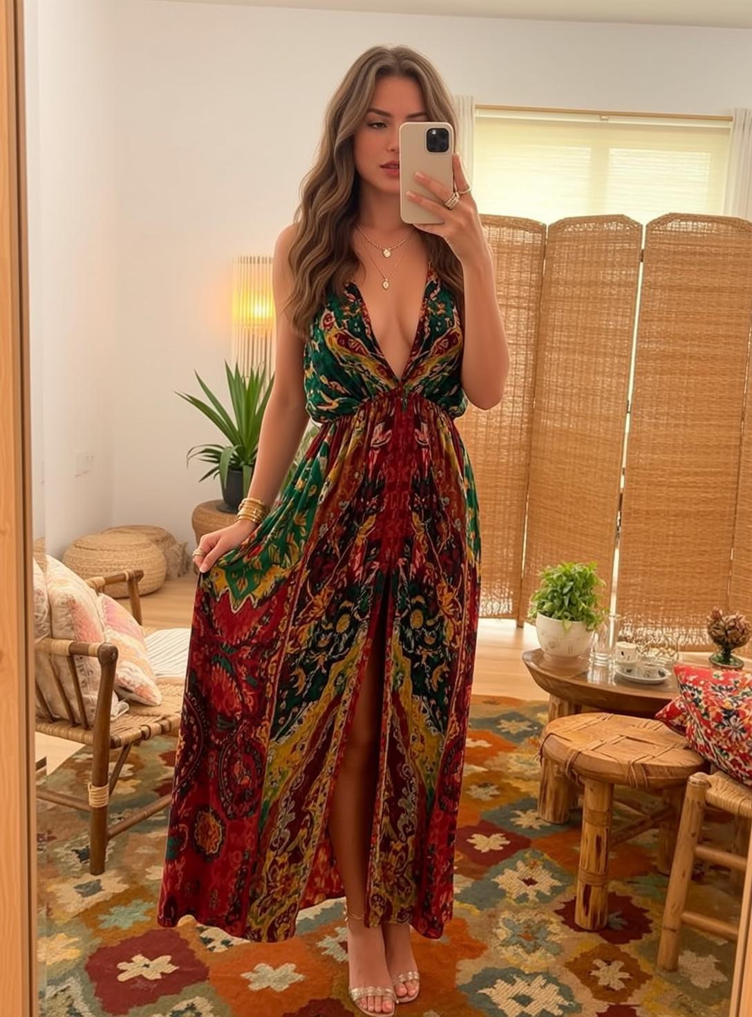 Patterned Maxi Dress Taking Selfie In Living Room