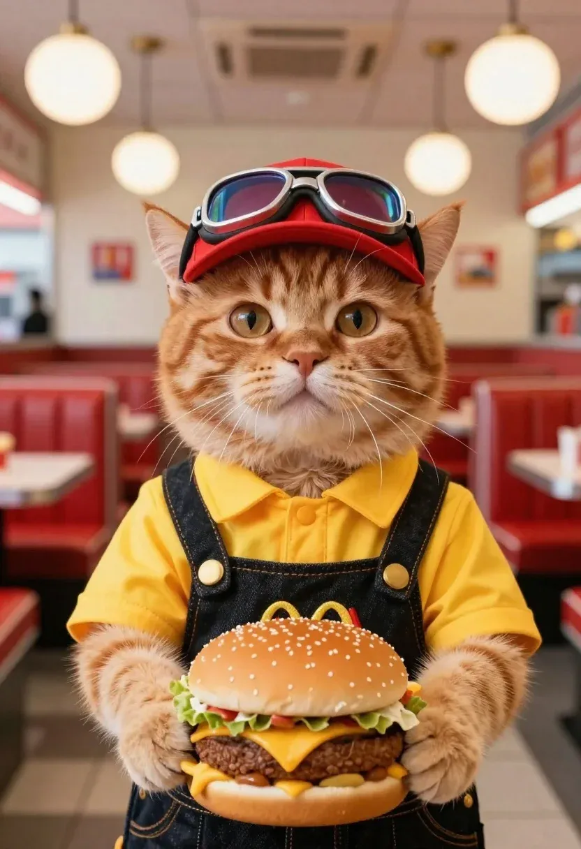 Close-up Shot Fluffy Ginger Cat Dressed Fast-food Worker Holding Giant