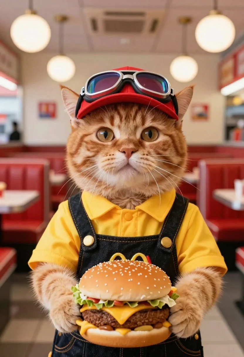 Close-up Shot Fluffy Ginger Cat Dressed Fast-food Worker Holding Giant reference photo