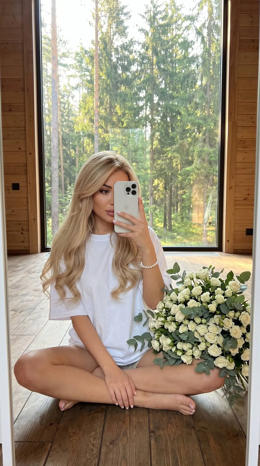 Girl With Roses Sits On Floor Looking At Iphone