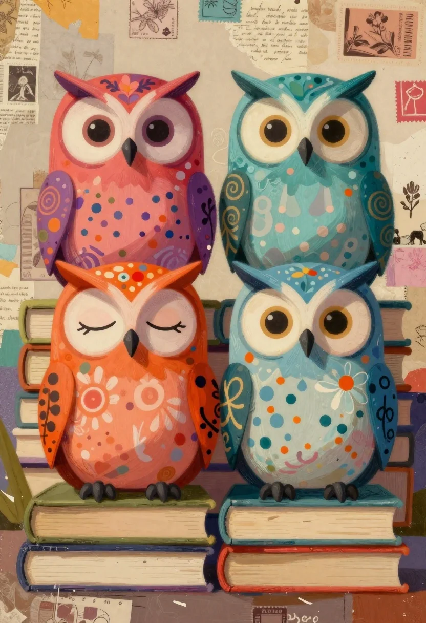 Digital Painting Colorful Group Stylized Owls Perched Books Against Abstract reference photo