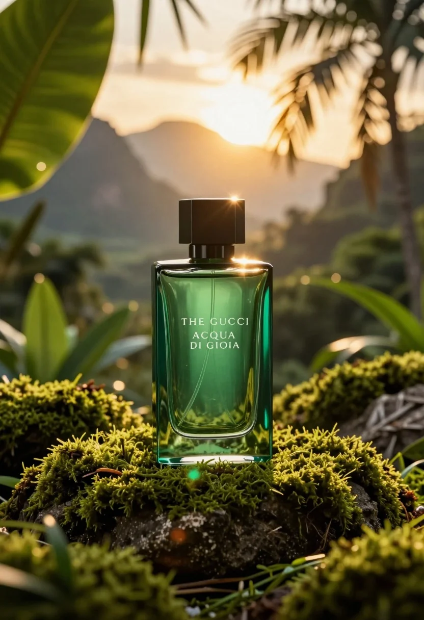 Rectangular Green Glass Perfume Bottle Sits Centered Mossy Rock Lush