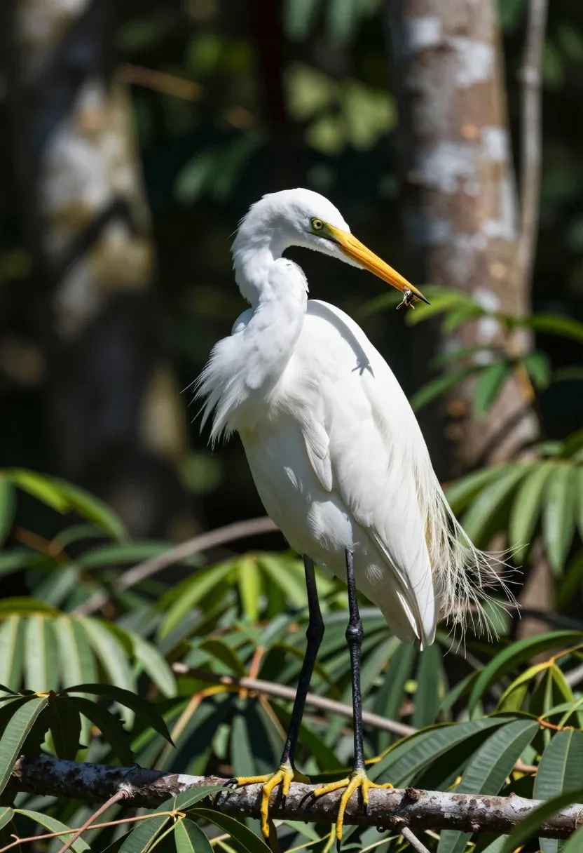 Majestic White Egret Stands Tall Branch Lush Forest Setting Subject