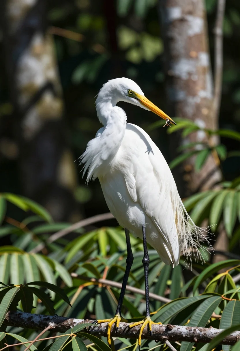 Majestic White Egret Stands Tall Branch Lush Forest Setting Subject
