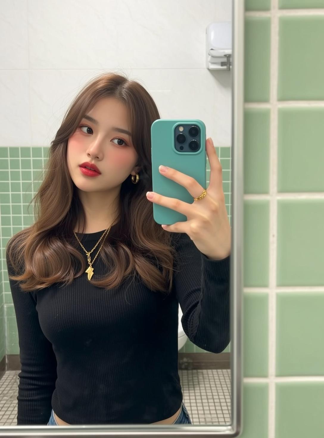 Explore Taking Mirror Selfie Holding Teal Smartphone