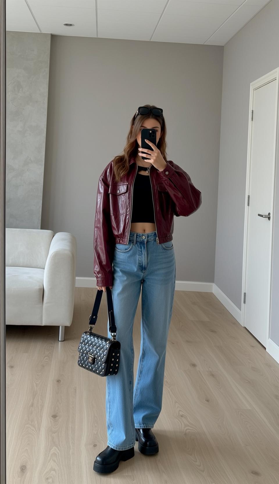 Maroon Faux Leather Black Crop Top Indoors Modern Apartment Light