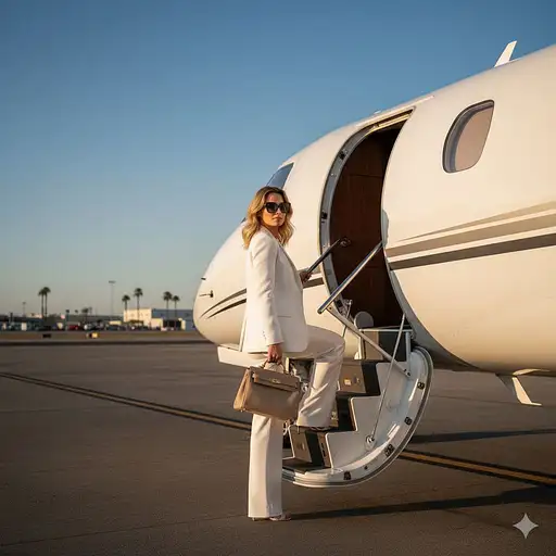 Ultra-realistic Photo Elegant Woman Boarding Private Jet Luxury Travel Outfit
