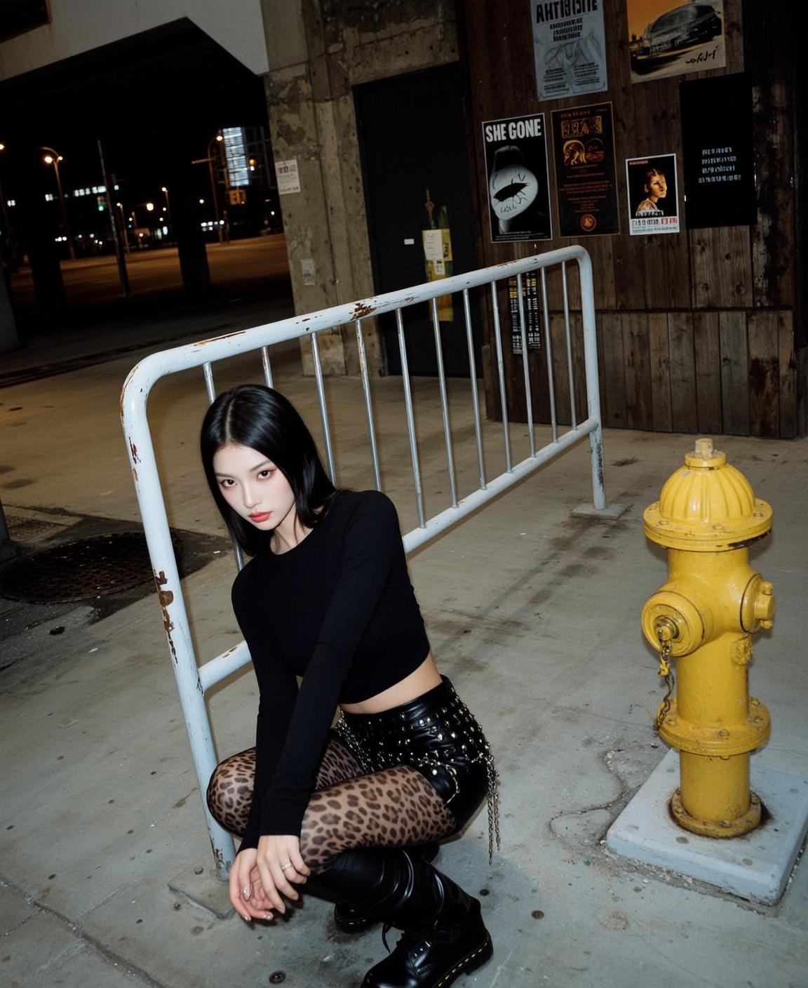 Woman Crouched Black Crop Top Neutral Gaze