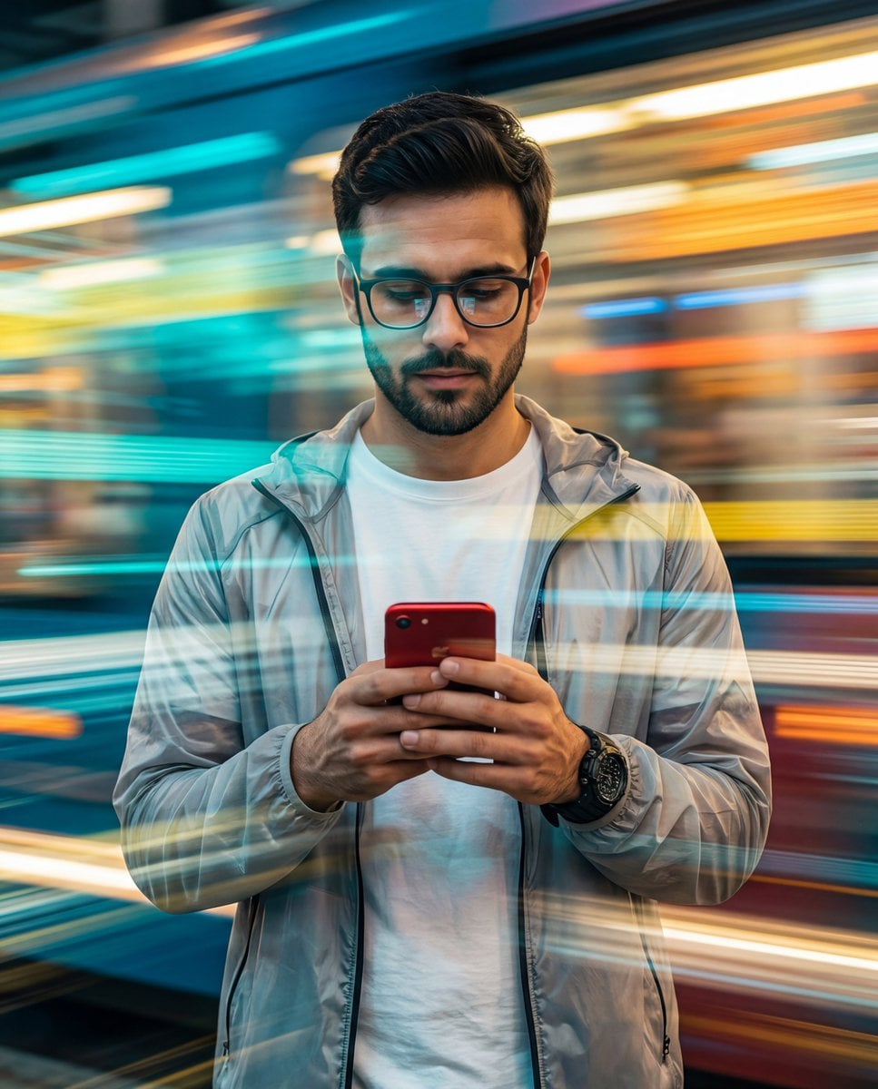 A man in a white t-shirt and light gray windbreaker, holding a red smartphone, surrounded by vibrant, colorful motion blurs.