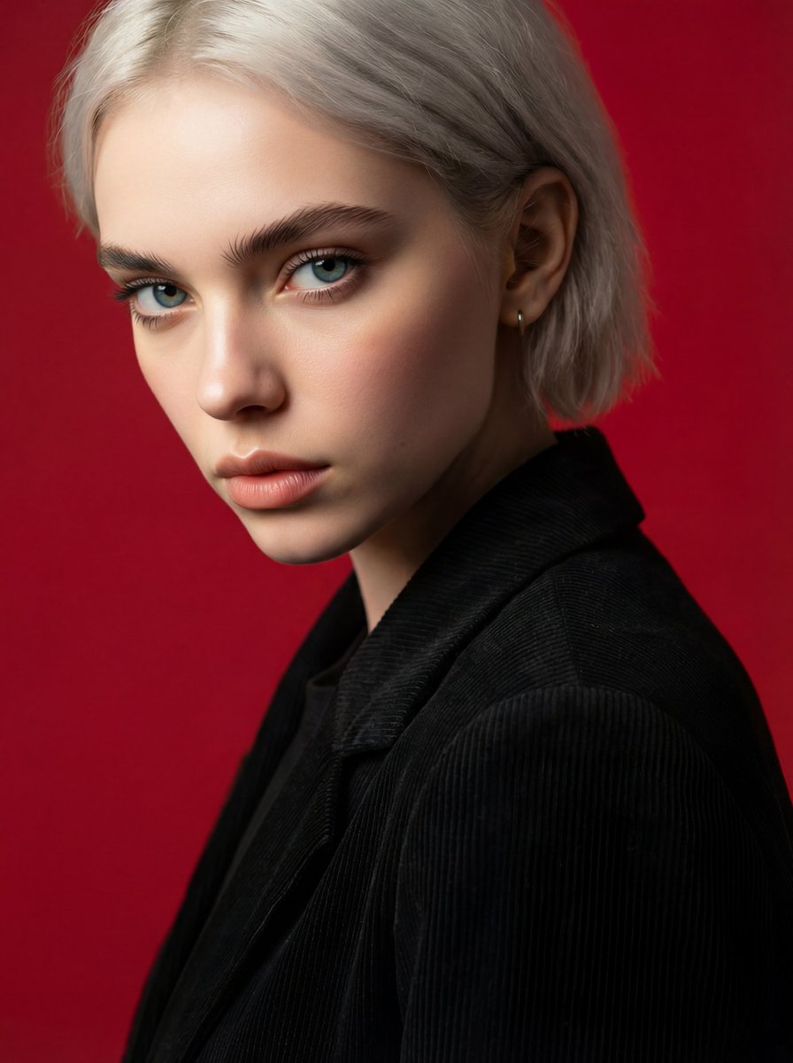 Ultra-realistic studio portrait of a young woman in a three-quarter profile, wearing a black blazer against a deep red backdrop.