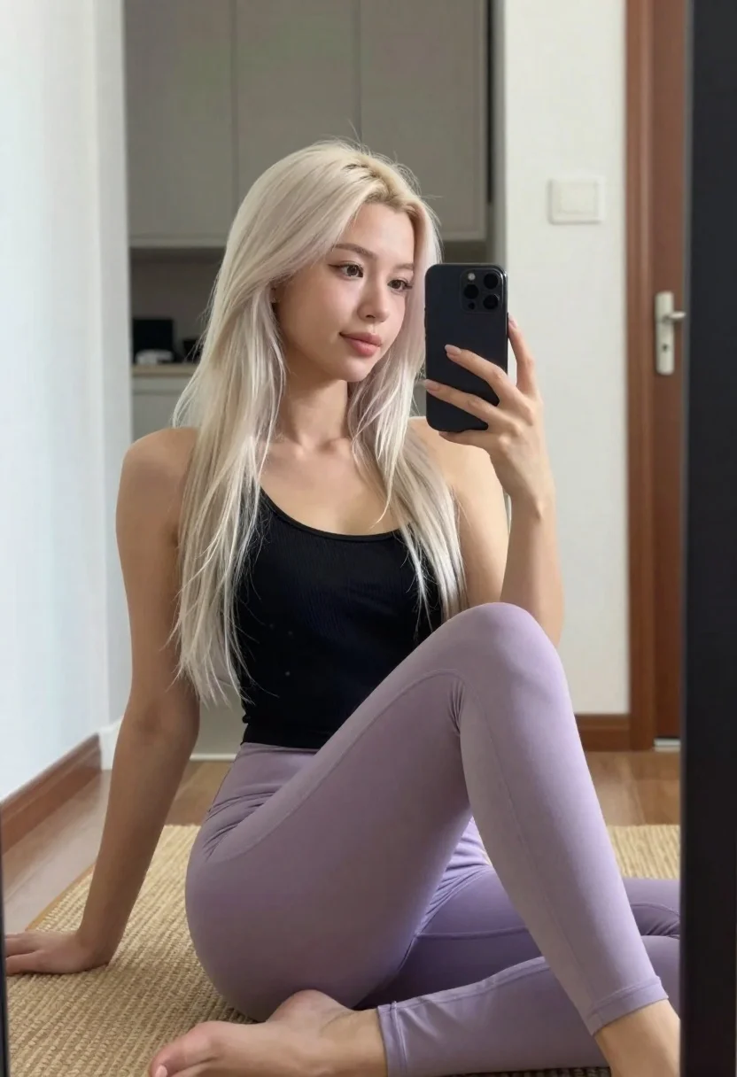 Young Woman With Long Platinum Blonde Hair Takes Mirror Selfie reference photo
