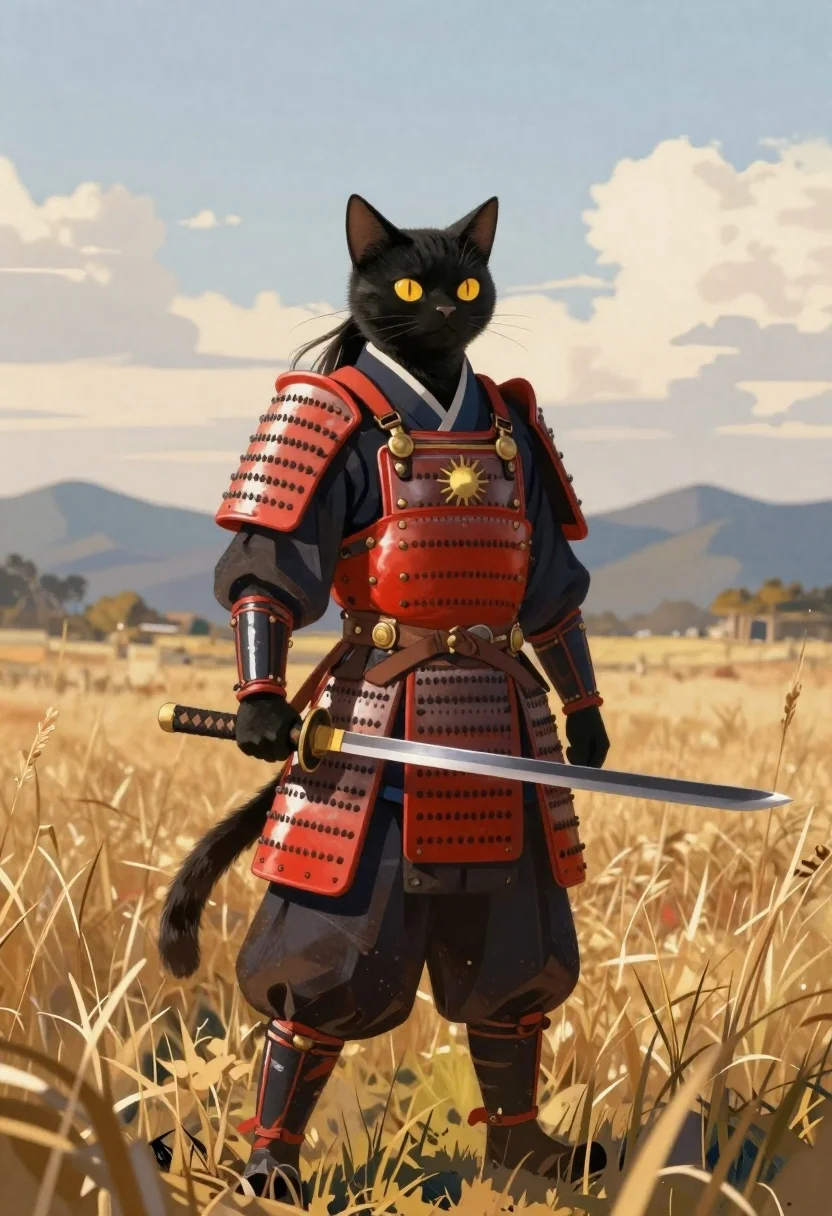 Digital Painting Black Anthropomorphic Cat Warrior Standing Open Field Subject reference photo