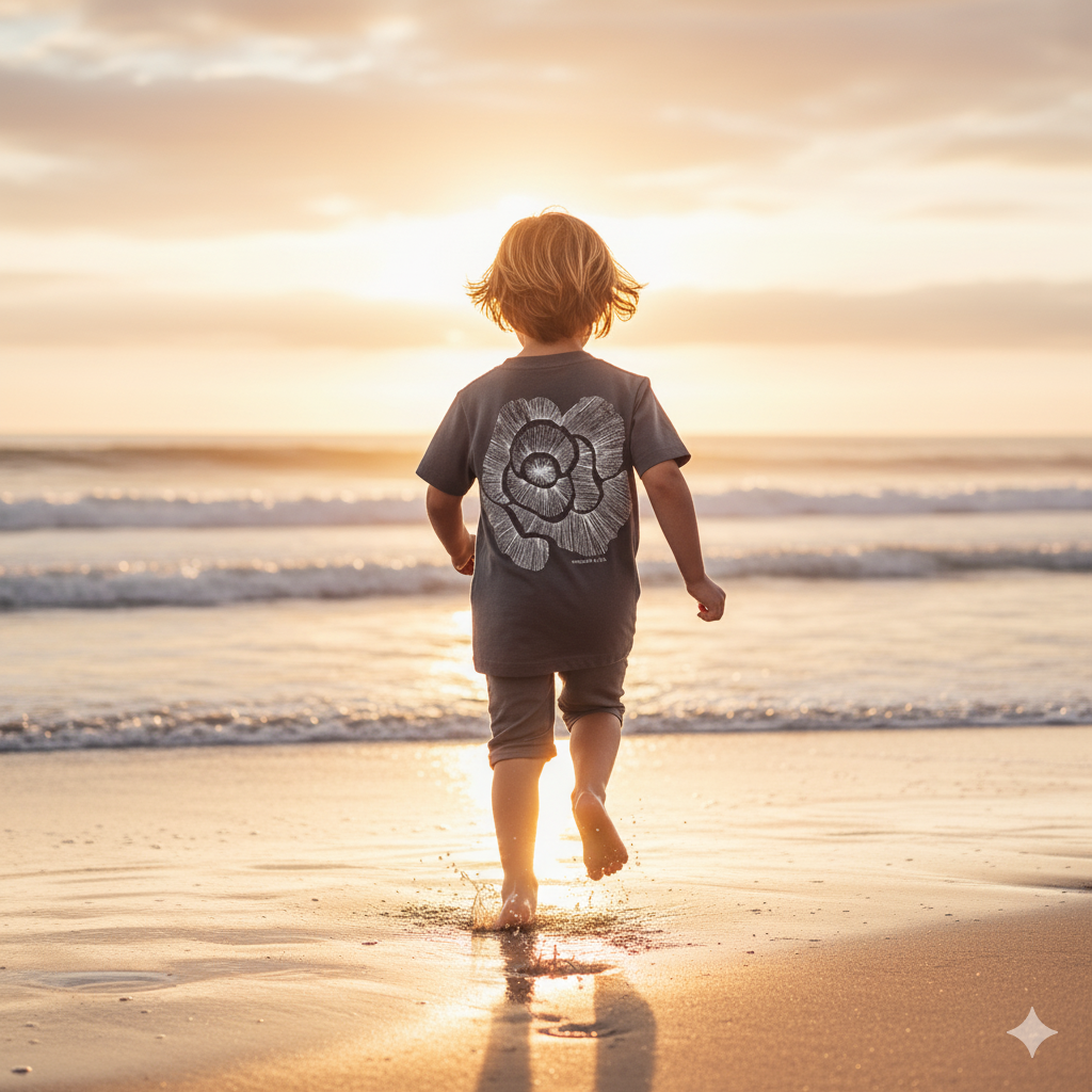 A 7-year-old child runs on wet beach sand wearing a charcoal gray t-shirt with a stylized white rose print, captured in warm golden hour light.