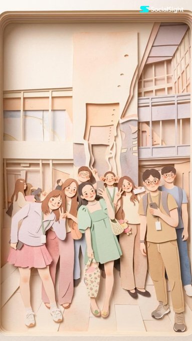 A colorful paper-cut art scene of individuals taking a selfie in urban pastel colors, featuring a central figure in a light green dress.