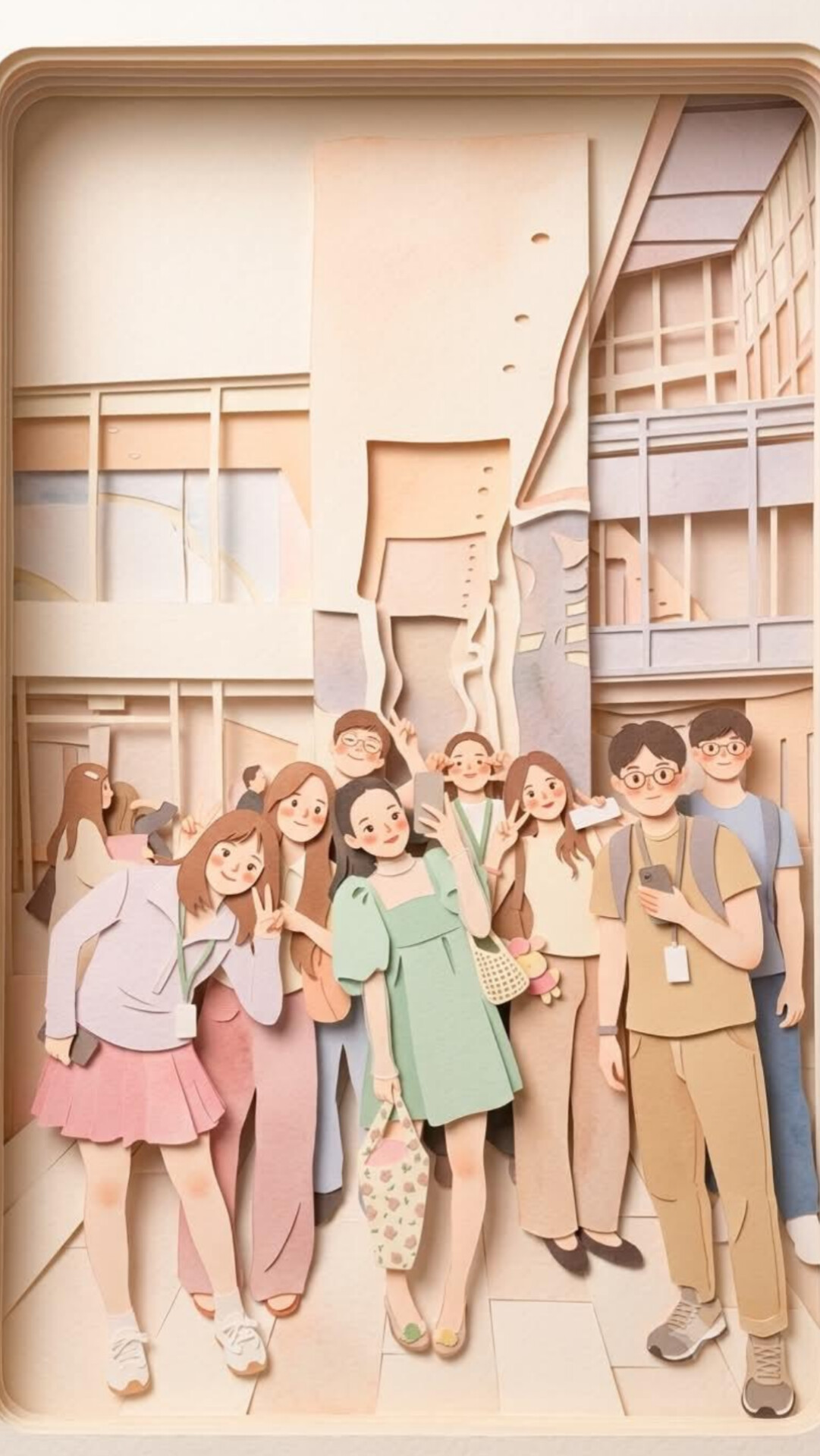 A colorful paper-cut art scene of individuals taking a selfie in urban pastel colors, featuring a central figure in a light green dress.