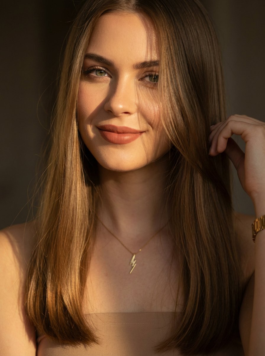 Close-up portrait of a young woman with light brown hair in golden hour sunlight, soft shadows, and a subtle smile