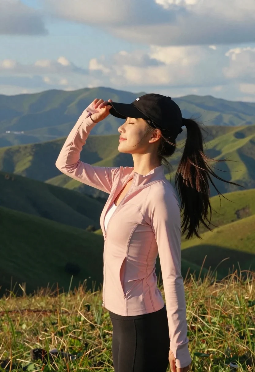 Young Woman Stands Grassy Field With Rolling Hills And Mountains