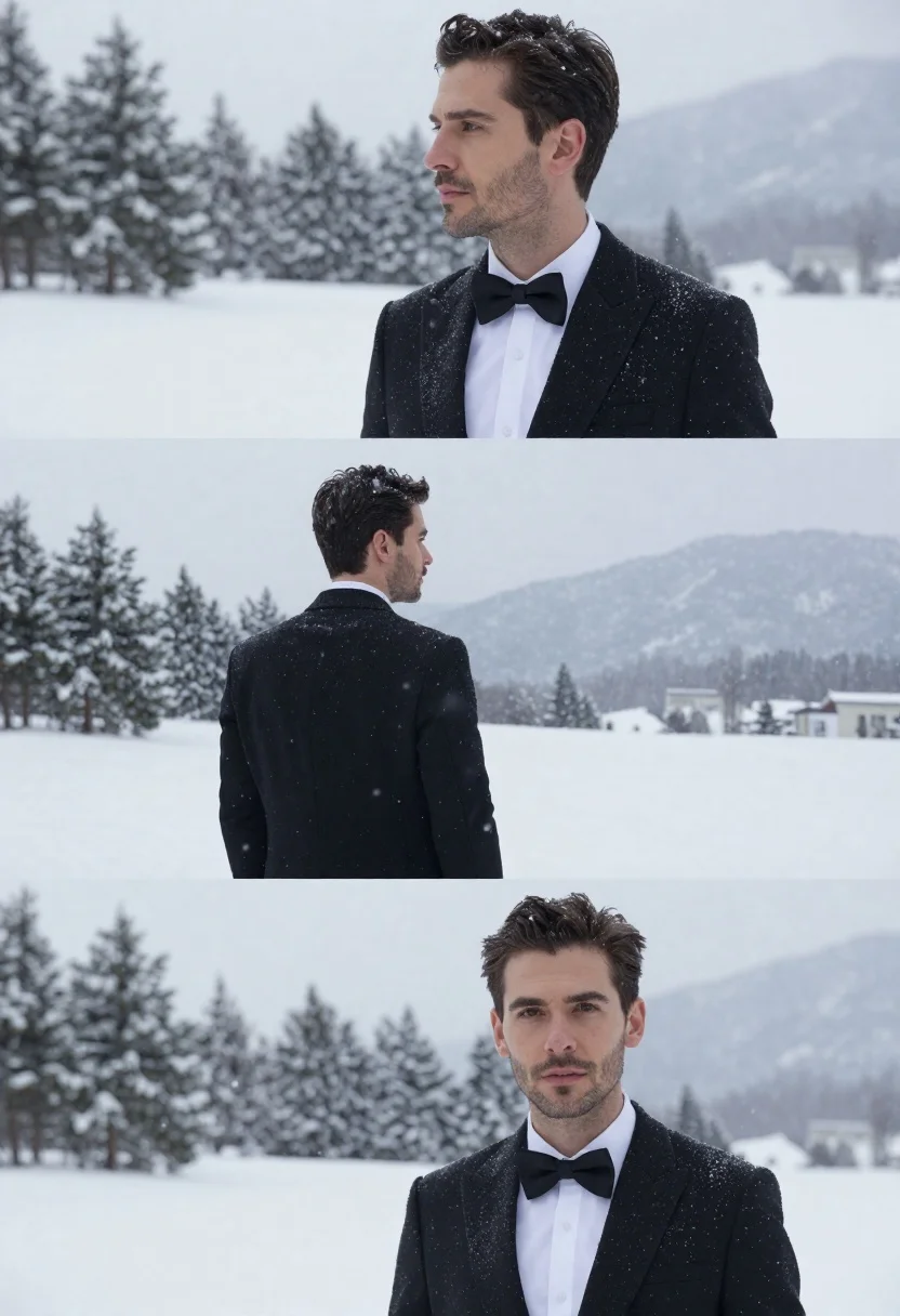 Cinematic Triptych Handsome Man Formal Wear Standing Amidst Heavy Snowfall