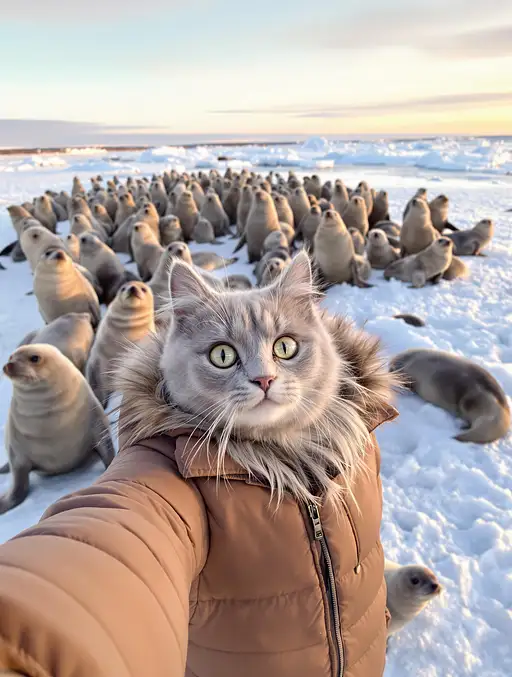 A cute gray cat in a brown jacket takes selfies with seals on a snowy ice field during sunset.