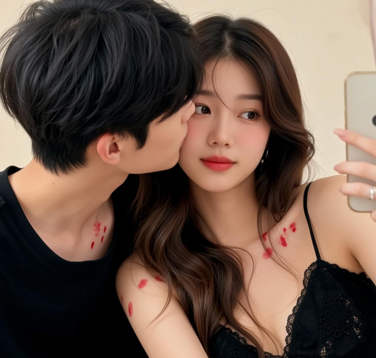 Explore Young Kissing Cheek Holding Smartphone Take