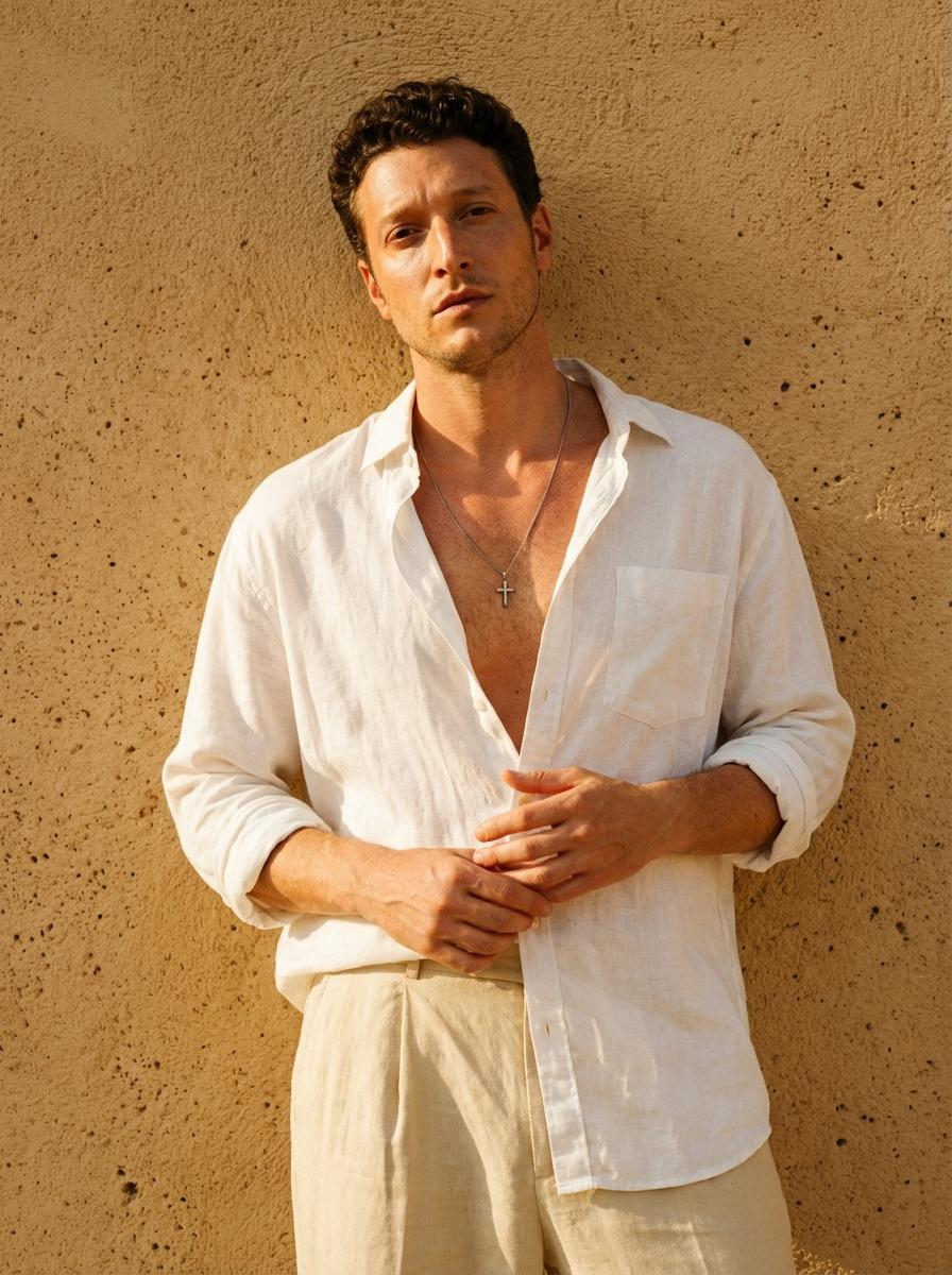 White Linen Shirt Silver Chain Beige Trousers