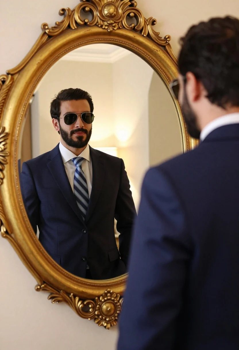 Man Navy Suit Looks His Reflection Ornate Gold Mirror Subject