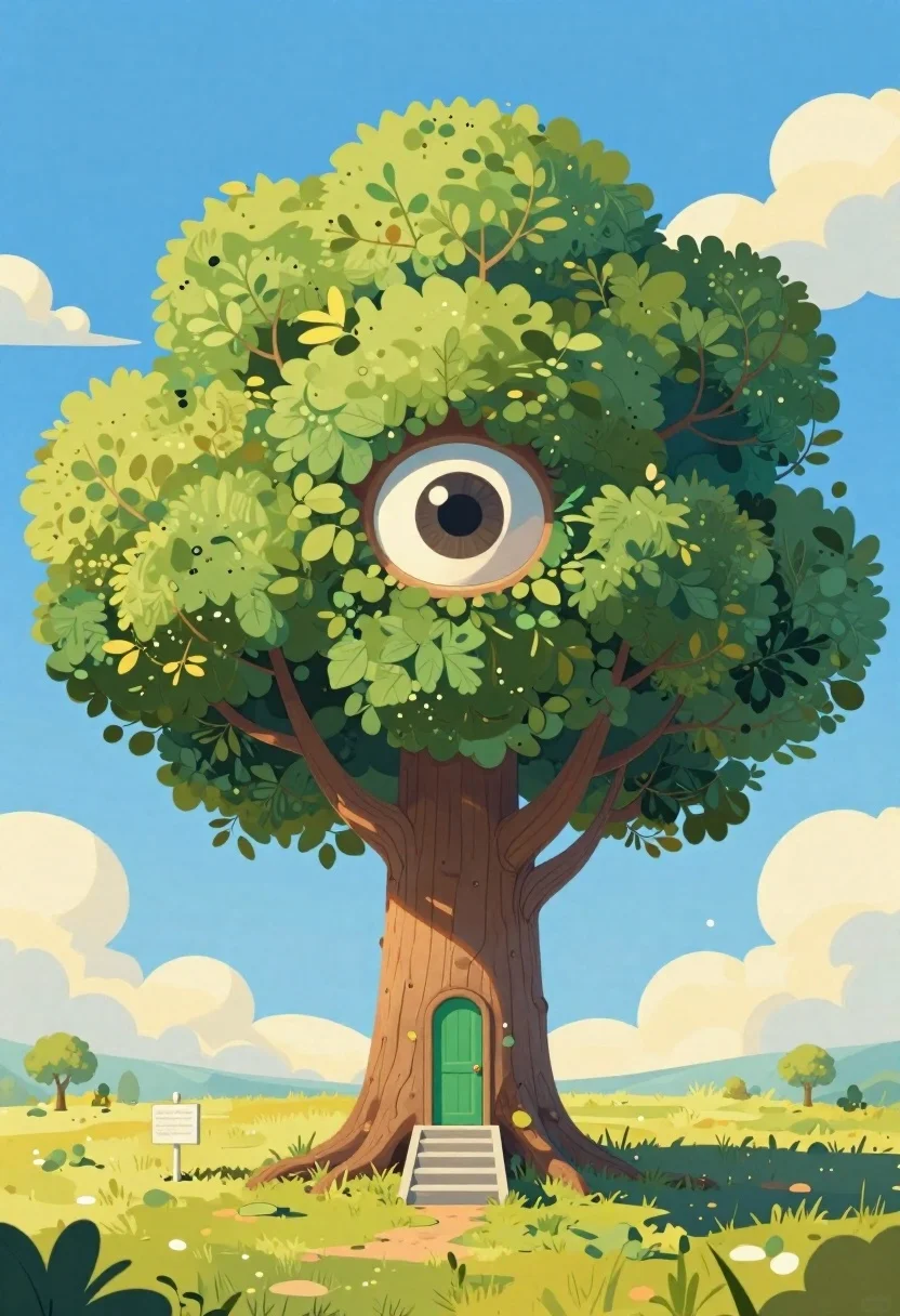Cartoon Illustration Surreal Treehouse With Giant Human Eye Embedded The reference photo