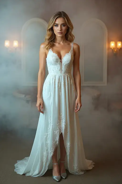 White Lace Gown Foggy Art Deco