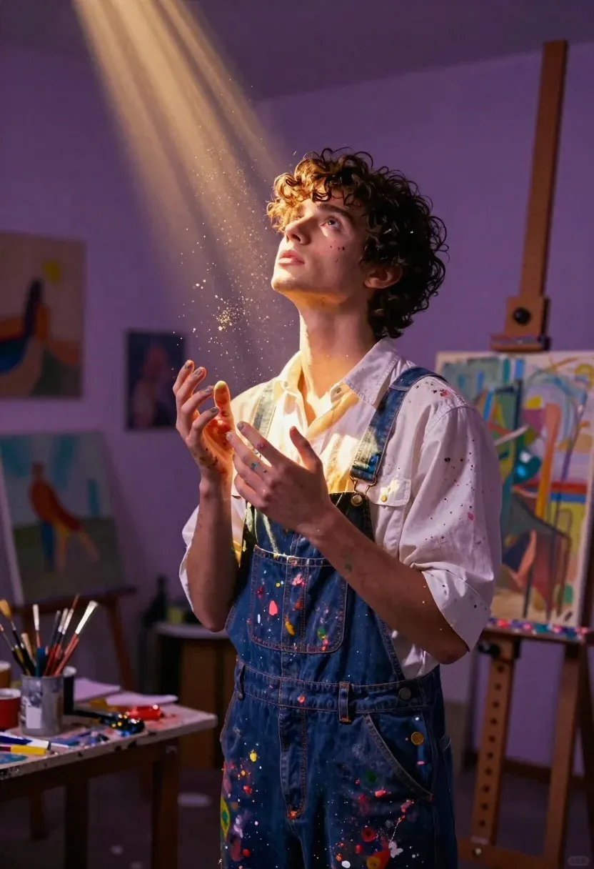 Young Man With Curly Dark Hair Stands Painter Studio Looking