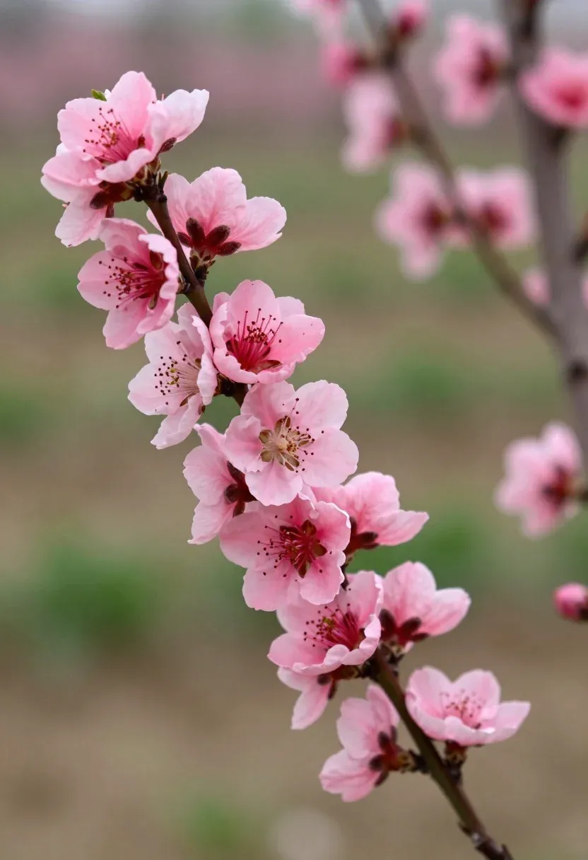 Close-up View Vibrant Pink Peach Blossoms Blooming Dark Branches With
