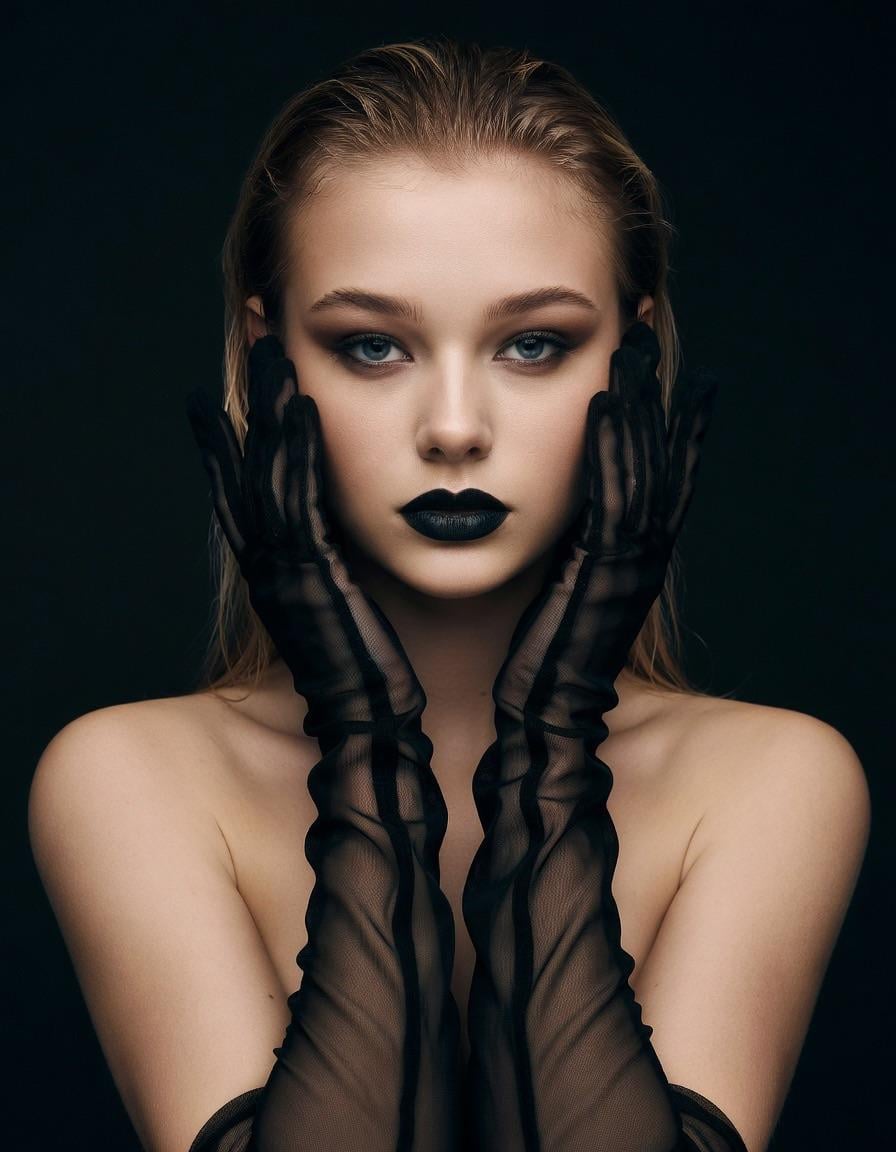 Cinematic close-up portrait of a woman with sleek wet-look hair, smoky eye makeup, and bold black lipstick against a deep black background.