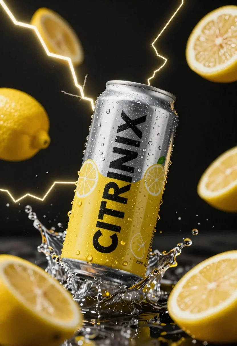 A silver and yellow aluminum beverage can suspended mid-air with condensation, surrounded by splashes and lemon slices against a dark backdrop.
