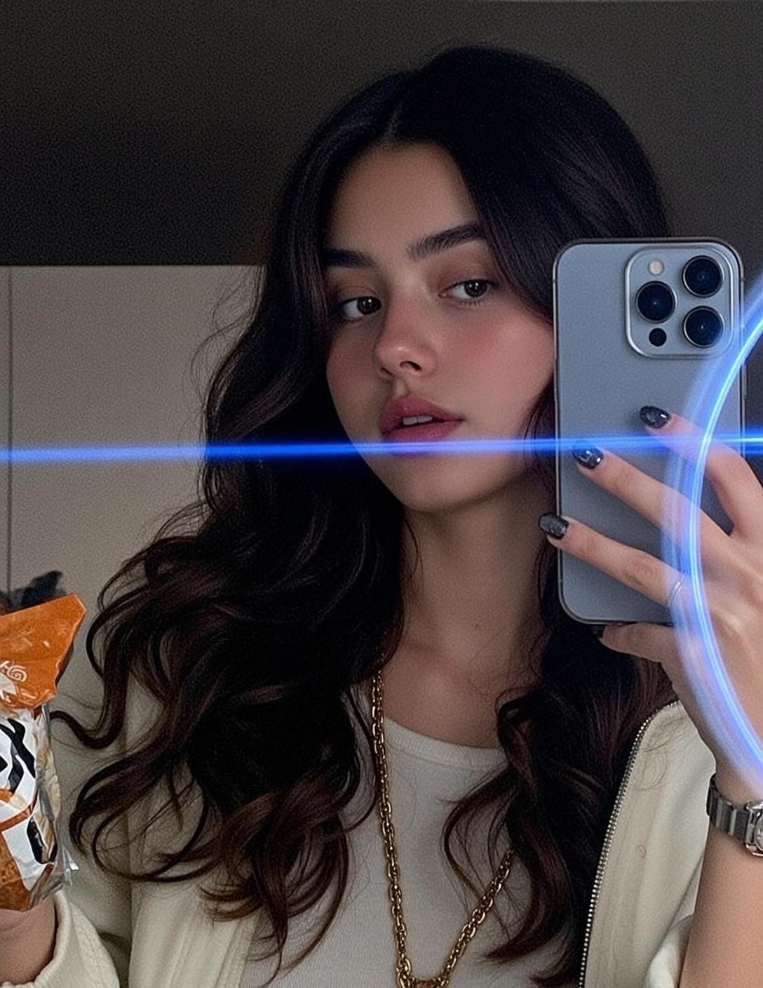 Explore Taking Mirror Selfie Holding Light Blue