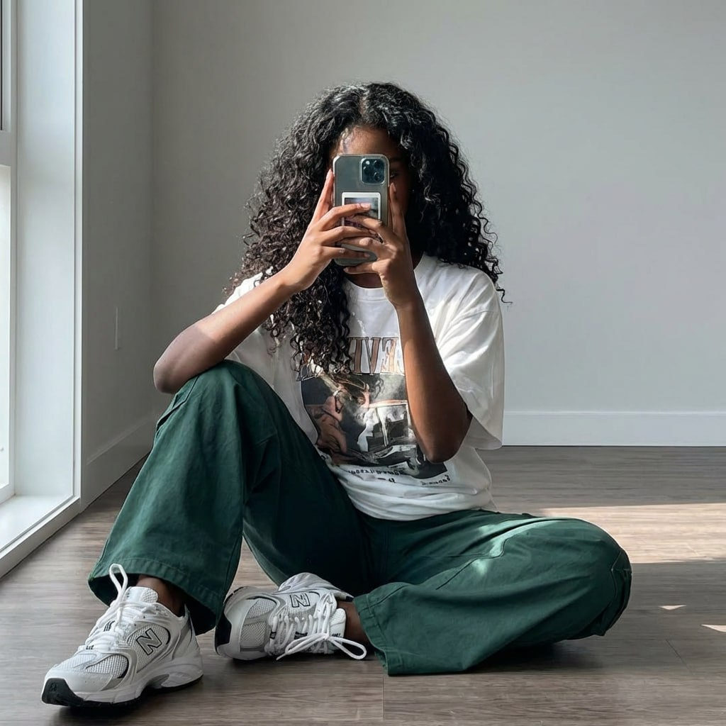 Candid photo of a person with long curly hair sitting on a wooden floor taking a smartphone selfie, wearing an oversized graphic t-shirt and dark green cargo pants.