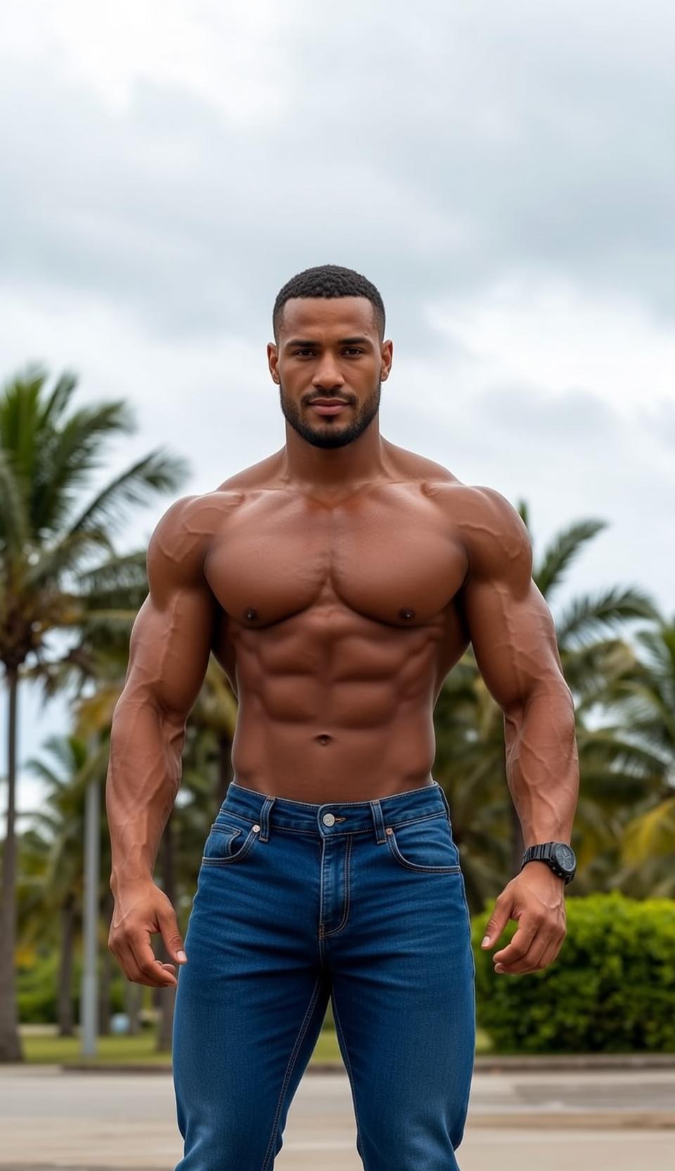 Muscular Short Black Hair Tan Skin Blue