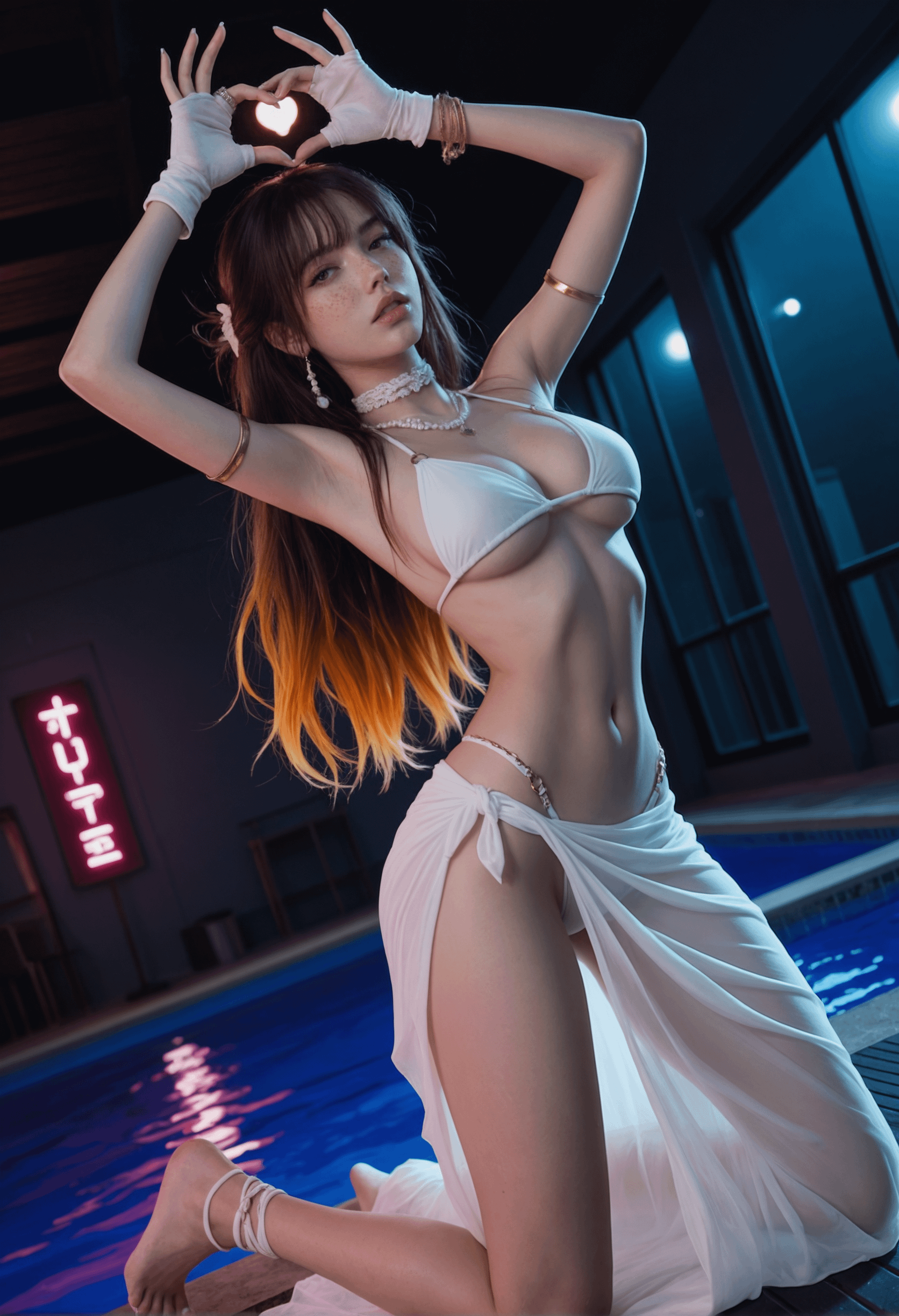 Kneeling By Pool At Night Heart Hands
