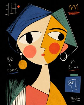 Cubist-inspired digital illustration of a cute neo character with split color fields, geometric hair, and vibrant accessories.
