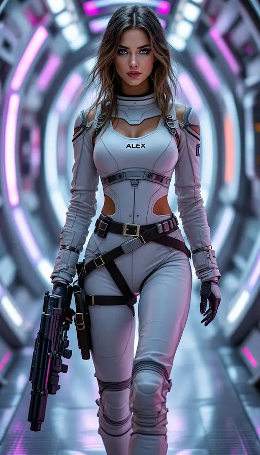 A stunning Norwegian woman in a futuristic white astronaut suit with blue eyes, freckles, and dimples, walking down a vibrant extraterrestrial hallway.