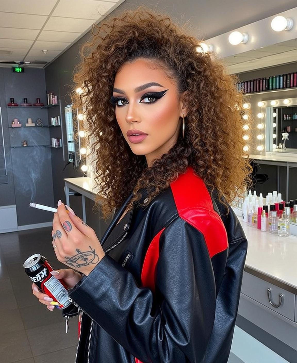 Black Leather Jacket Woman Smoking Soda